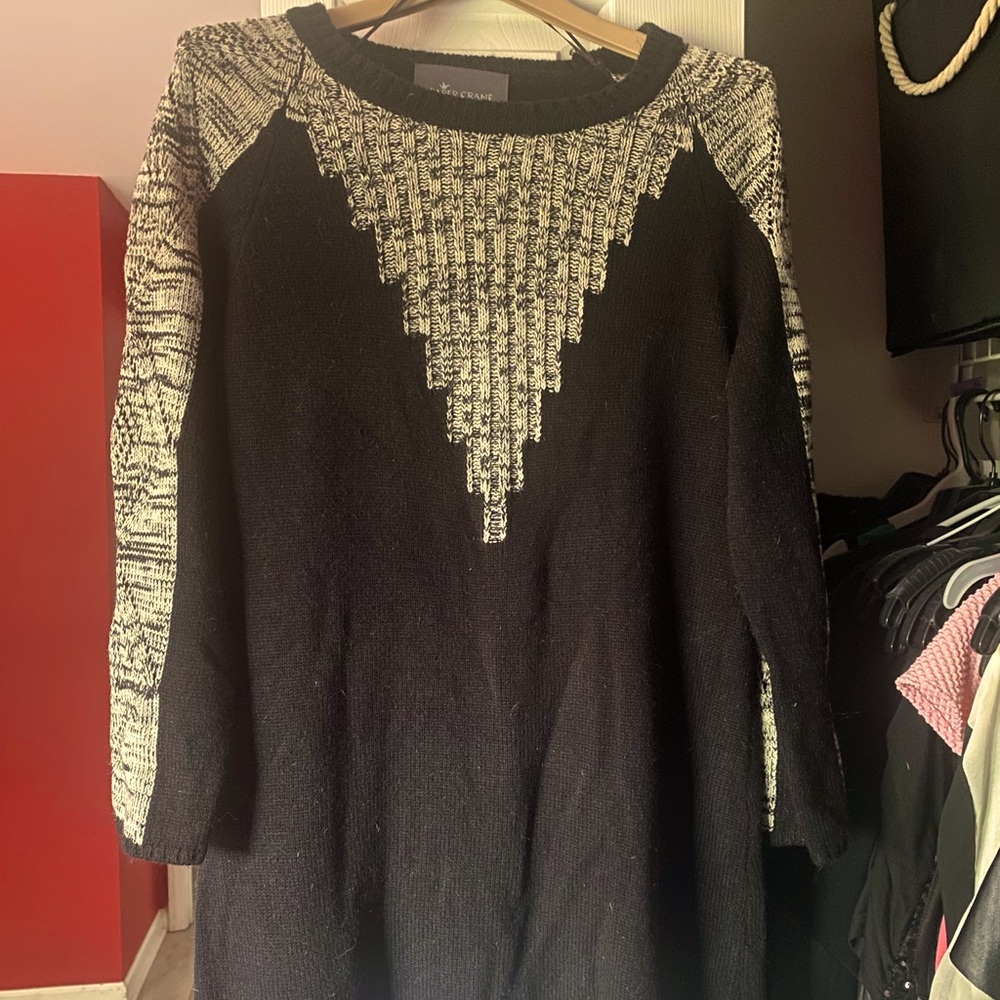 Black Tunic Sweater with Beige Geometric Design
